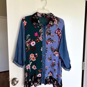 Caleesa Womens‎ L Floral Mixed Media Button Up Tunic Shirt Patchwork Boho Lagen